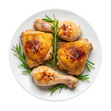 Golden fried chicken on a white plate with parsley garnish isolated on transparent background
