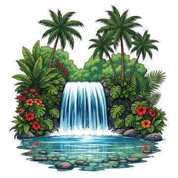 Waterfall surrounded by tropical plants and flowers in lush green scenery isolated on transparent background