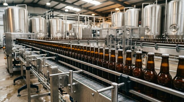Automated bottling line with rows of amber glass bottles moving through a factory