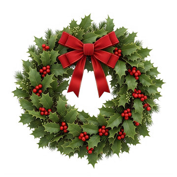 Christmas wreath with red berries and decorative red bow isolated on transparent background