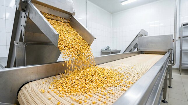 Industrial conveyor belt system processing a cascade of yellow corn kernels in a clean factory