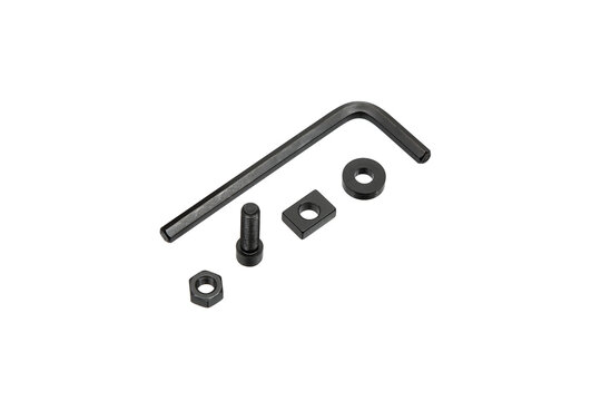 Black Allen key set with bolt, nut, and washers isolated on a white back