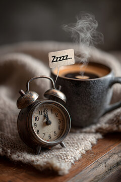 Vintage Alarm Clock With Zzz Bubble and Steaming Hot Coffee Cup on Cozy Cloth