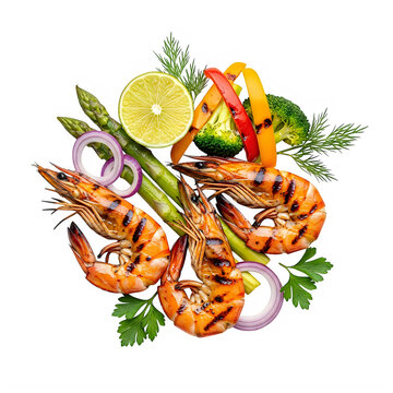 Grilled shrimp and vegetables colorful dish with fresh herbs garnish isolated on transparent background