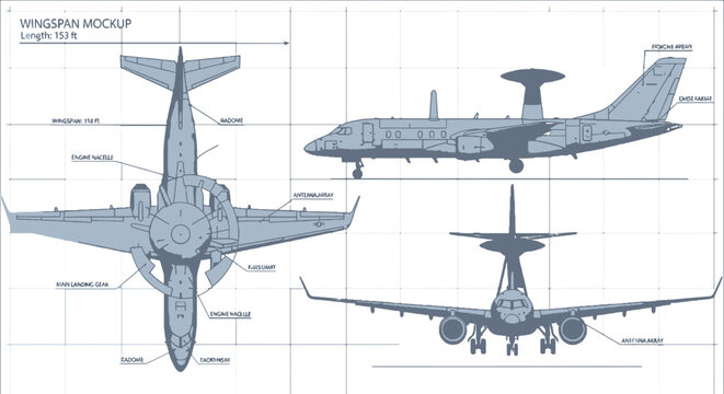 Aircraft wingspan mockup blueprint illustration showcasing plane design with antenna array and engine nacelles in side view and top view