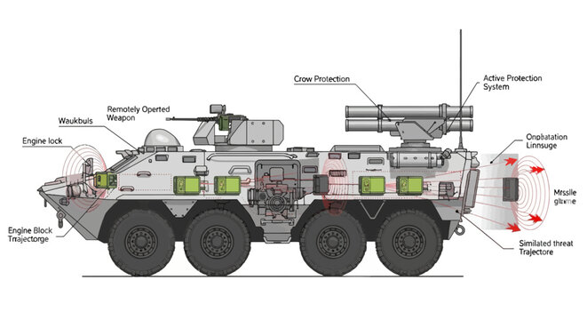 Armored fighting vehicle with active protection system and missile defense technical illustration with labeled components and trajectory mapping