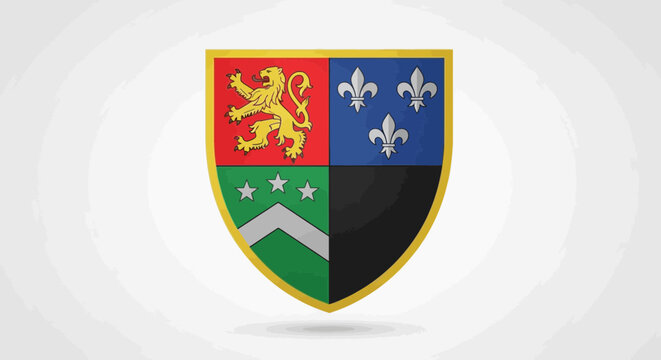 Coat of arms shield divided quarterly featuring fleur de lis lion rampant and chevron with stars; heraldic emblem illustration
