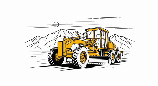 Yellow motor grader working on rough terrain with mountains