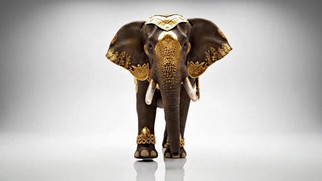 Majestic kerala elephant with golden nettipattam for thrissur pooram festival on white background.