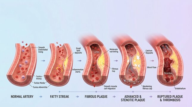 Atherosclerosis progression from normal artery to thrombosis showing plaque buildup