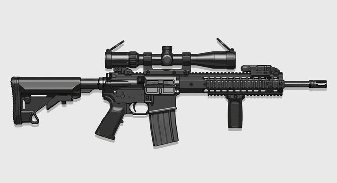 Black pixel art style assault rifle with scope vertical grip and adjustable stock on light gray background for design use