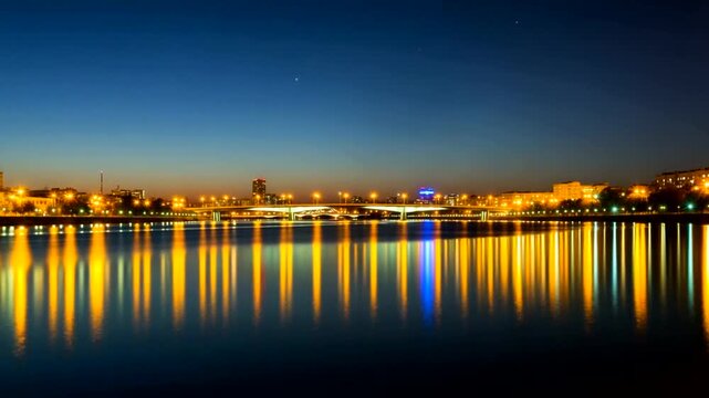 Serene twilight over a calm river reflecting city lights and a gradient sky at dusk