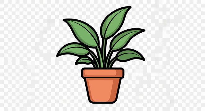 Cartoon potted plant with green leaves and brown pot vector illustration design element against transparent background for digital use
