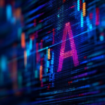 Close-up of a vibrant digital screen displaying colorful alphanumeric data and abstract patterns in neon hues, highlighting technology and data visualization.