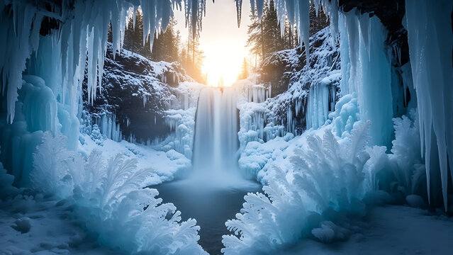 Frozen ice formations in cave entrance.