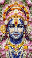 Obraz premium Exquisite close-up portrait of a blue-skinned deity meticulously crafted from a mosaic of colorful fresh flowers and petals, featuring a crown and jewelry made of blossoms, highlighting divine