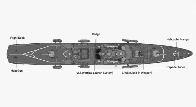 Aerial view of a futuristic battleship design featuring flight deck bridge main gun and missile launchers in grey tones