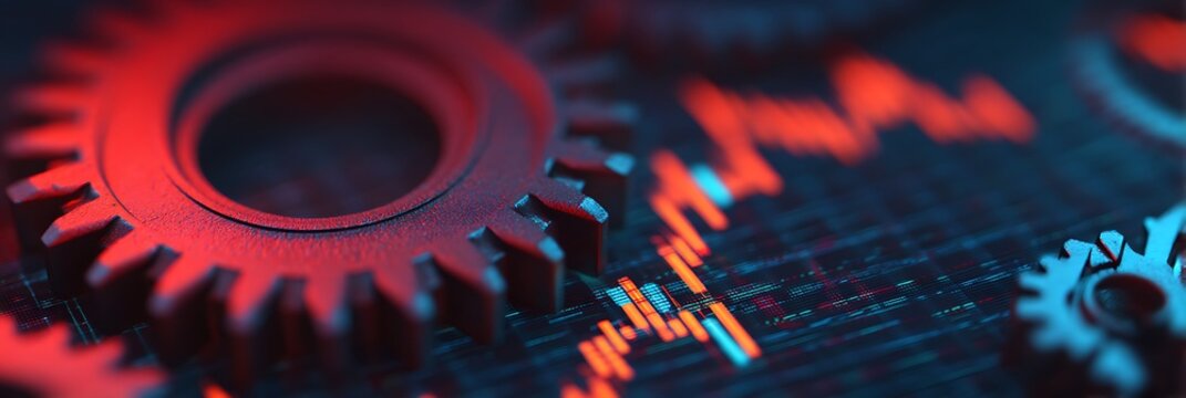 Close-up of mechanical gears with digital data and charts overlay, symbolizing technology and industrial innovation.