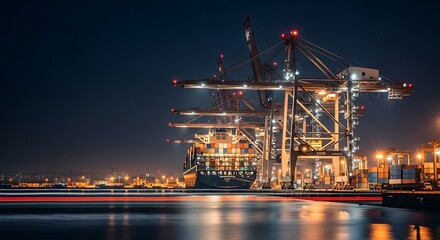 Naklejka premium Busy Container Terminal and Cargo Ship at Night