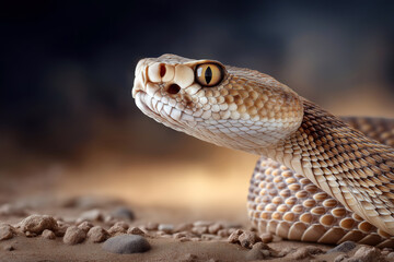 Naklejka premium Close up wildlife portrait of a rattlesnake on desert ground, dramatic light and shadow, sharp texture detail