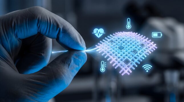 Textile Engineer Fingers Pinching Glowing Smart Fabric Wearable Technology Hologram