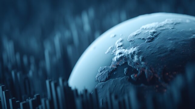 A digital 3D globe with illuminated continents against a dark, futuristic background featuring vertical bars resembling data or a cityscape.