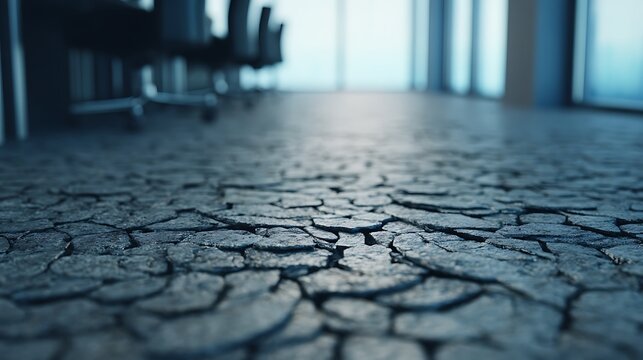 Close-up of cracked, dry earth floor inside a modern office space with blurred chairs and large windows in the background.