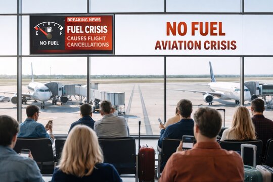 Aviation crisis concept, group of European type adult passengers waiting at airport with flight cancellations screens, worried mood, airplanes outside window, photo, copy space, travel disruption