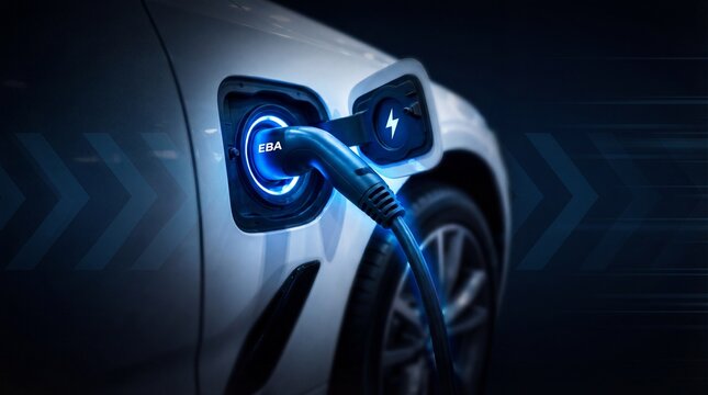 Electric car charging with a modern EBA connector and blue illuminated socket, demonstrating sustainable transportation technology and eco-friendly mobility solutions for the future.