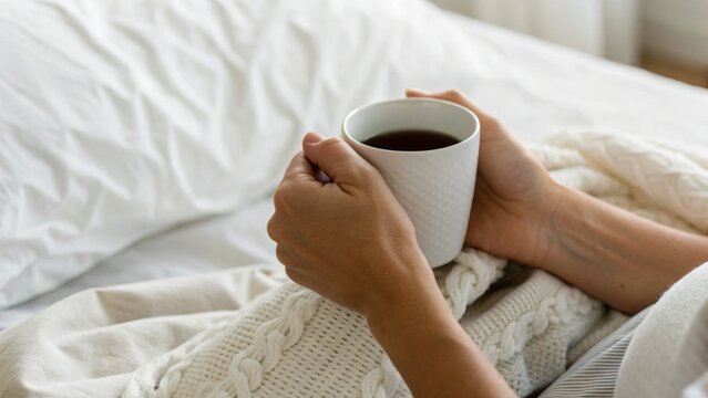 Person holding a white textured mug of coffee or tea while sitting on a bed with a knitted blanket.