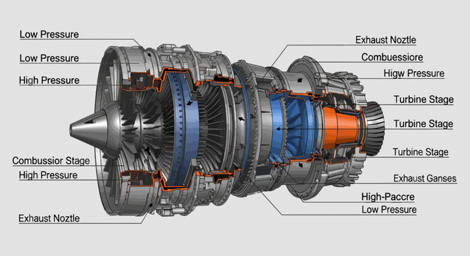 Cross Section of a Modern Turbofan Engine: Detailed Internal Components Turbine Stages and High-Pressure Compressors in Complex Engineering Design