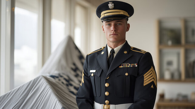 Soldier in full dress uniform standing at rigid attention before a folded flag display case, sterile white background, military service pride, armed forces honor ceremony, formal uniform portrait, p