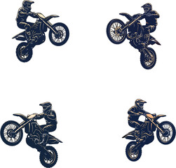 Motocross rider performing extreme stunt wheelie on dirt bike for offroad racing competition motorcycle sports adventure © MDRONI