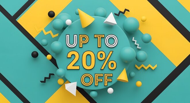 Vibrant 3D Sale Promotion Banner Up To 20 Percent Off Geometric Design