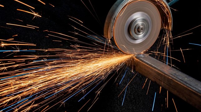 Dynamic radiant spark flutter on black concept. Close-up of a grinder creating sparks during metalwork.