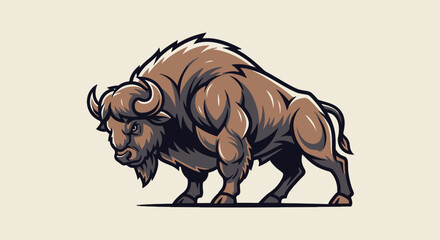 Detailed illustration of a powerful bison in a strong stance showcasing its muscular build and striking horns in a cartoon style © Undangan