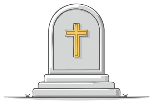 Simple cartoon tombstone with a gold cross and layered base on white