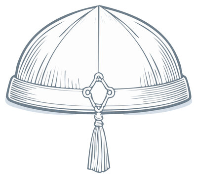 Traditional Chinese Mandarin Hat With Tassel Decoration Vintage Line Art Illustration