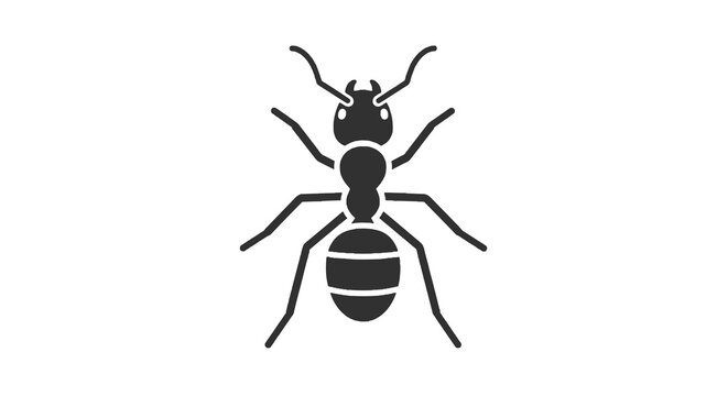Ant illustration featuring a black insect with detailed legs antennae and segmented body on a clean white backdrop in vector style