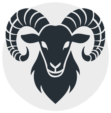 Bold graphic illustration of a ram or mountain sheep head with large curved horns