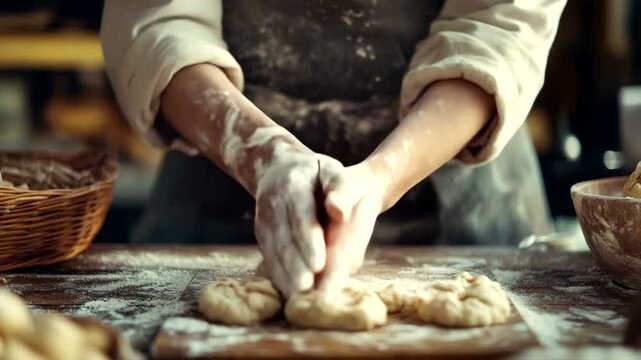 A baker skillfully kneading dough on a wooden surface, surrounded by flour and baking tools