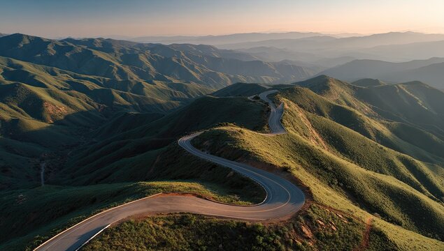 Winding road snakes through rolling green hills under soft sunrise light
