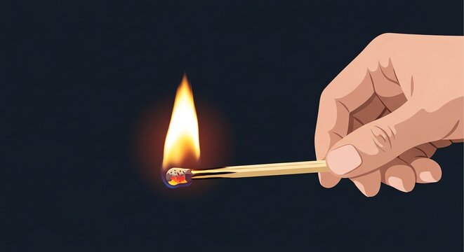 Hand Holding a Burning Matchstick Against Dark Background