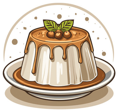 Classic creamy pudding dessert with dripping caramel sauce and mint garnish vector illustration