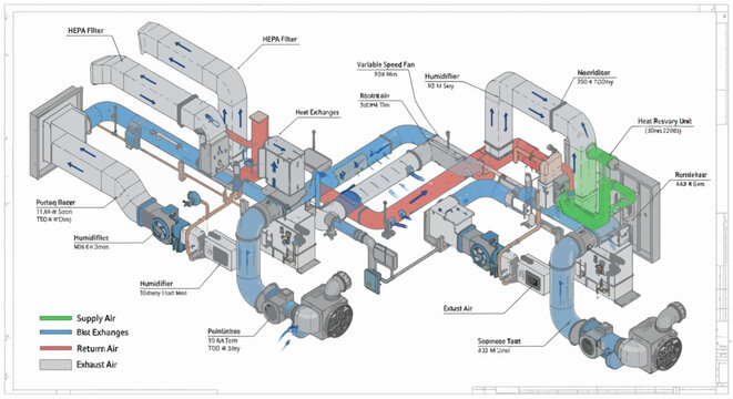 Diagram of an HVAC system with HEPA filters and a heat recovery unit showing ventilation supply and exhaust airflows in an illustration
