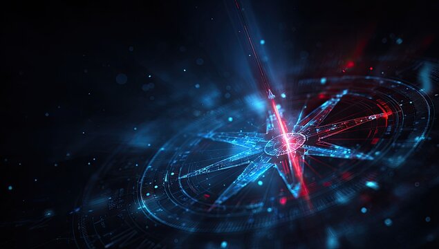 Futuristic digital compass glowing with red and blue light on dark background