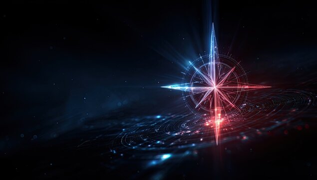 Glowing celestial compass with digital galaxy background