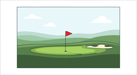 Fototapeta premium Golf Course Green With Flag and Sand Trap, Rolling Hills Background