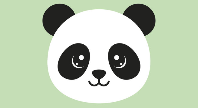 Cute panda bear face illustration in cartoon style with big black eyes and ears against a pastel green background