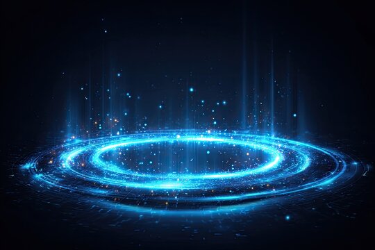 Glowing blue digital portal with particles erupting upwards